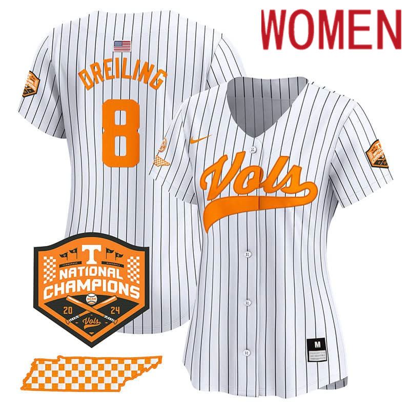 Women Tennessee Volunteers #8 Dreiling White Stripe 2024 Nike Champions Vapor Premier Limited NCAA Jersey